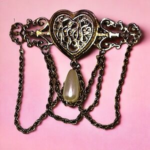 Vintage Ornate Heart With Faux Pearl Dangle/Drop 2.5" Brooch!